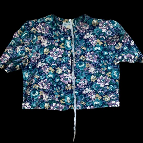 VINTAGE Cottagecore Blue Floral Button Up Crop Top - Picture 3 of 3